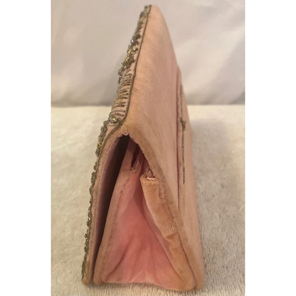 Vintage Pink Velvet Zardozi Gold Embroidered Clutch Bag India Evening Purse